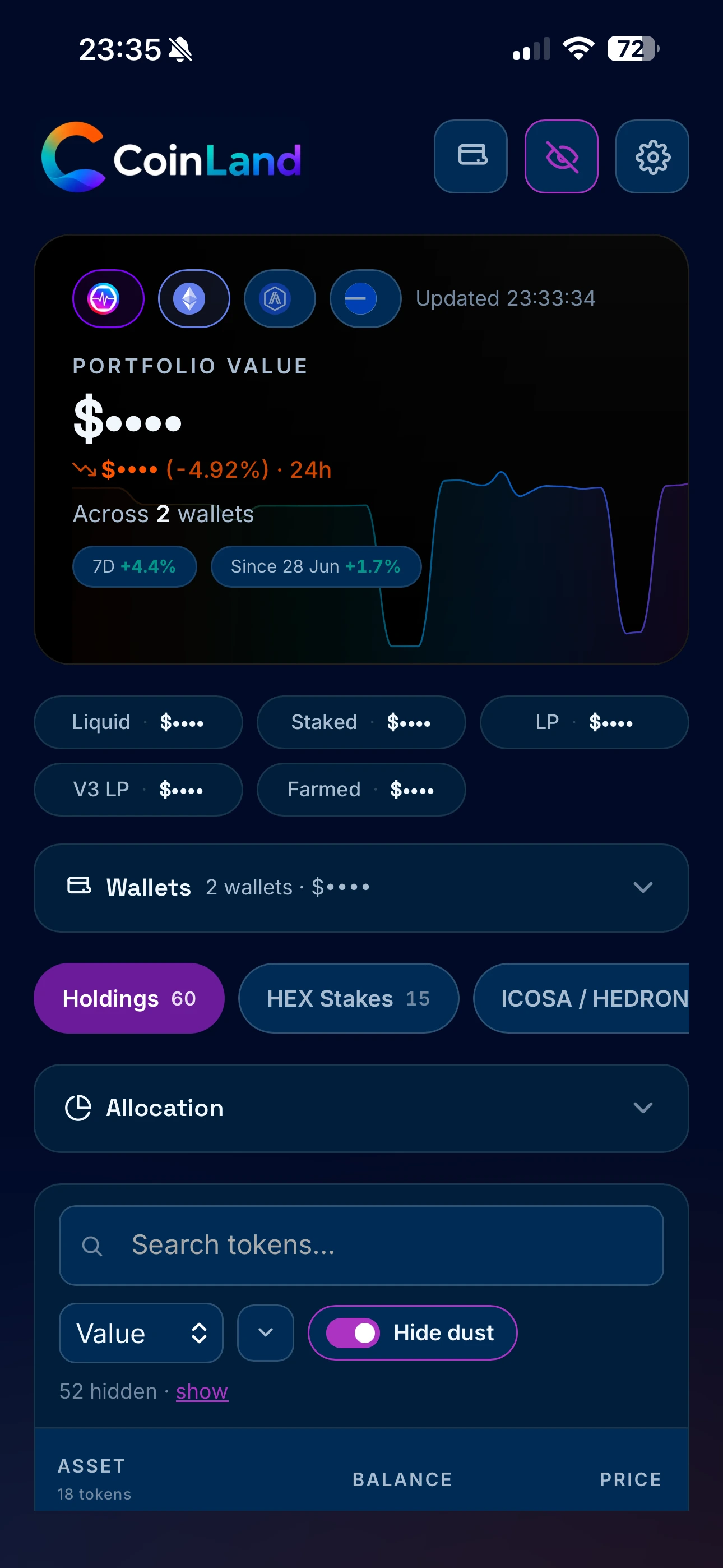 CoinLand portfolio dashboard on a phone showing wallet balances and HEX stakes