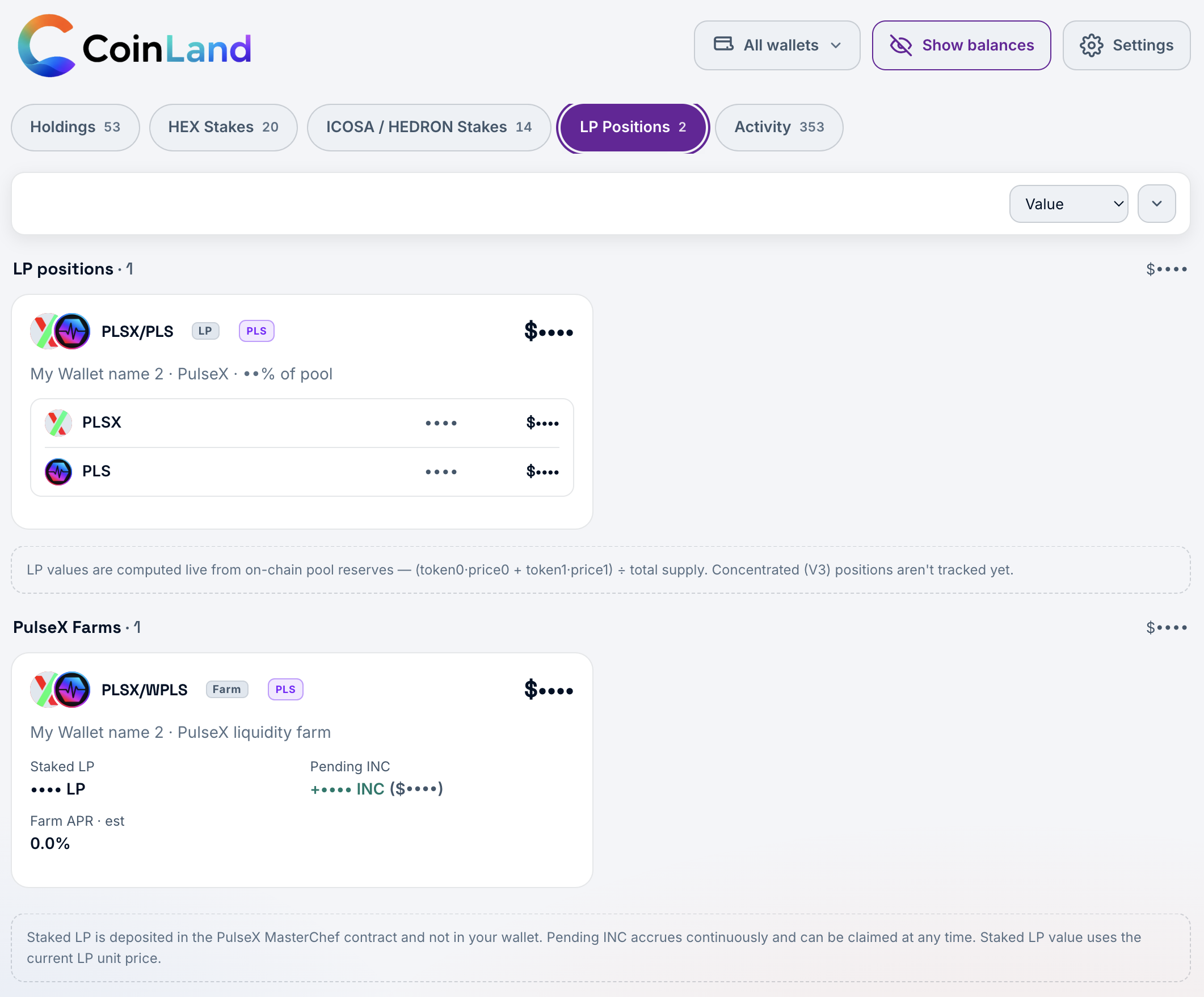 Liquidity pool positions and PulseX farms show up alongside your tokens and stakes