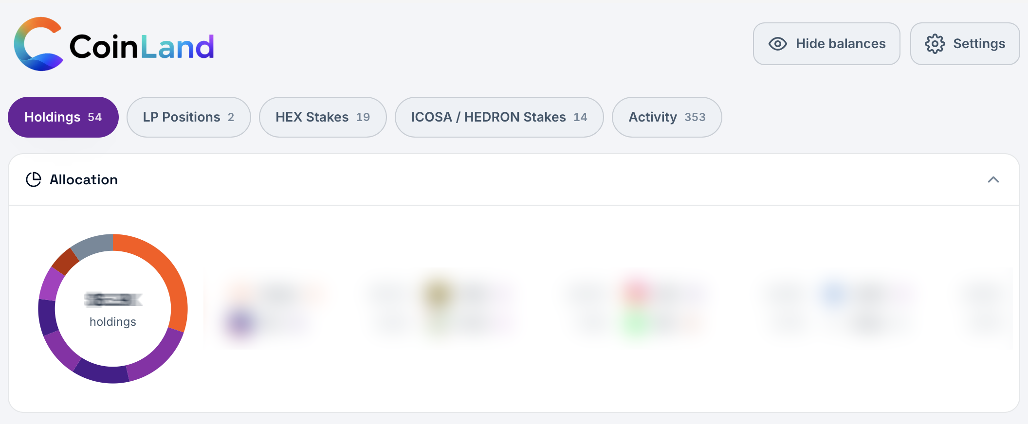 The allocation donut breaks your holdings down by token at a glance