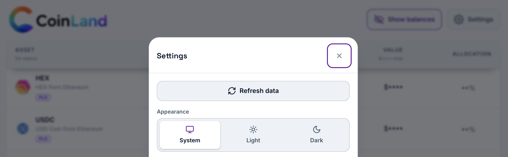 Prices and balances refresh the dashboard when you open the Application or click Refresh data(Under Settings)