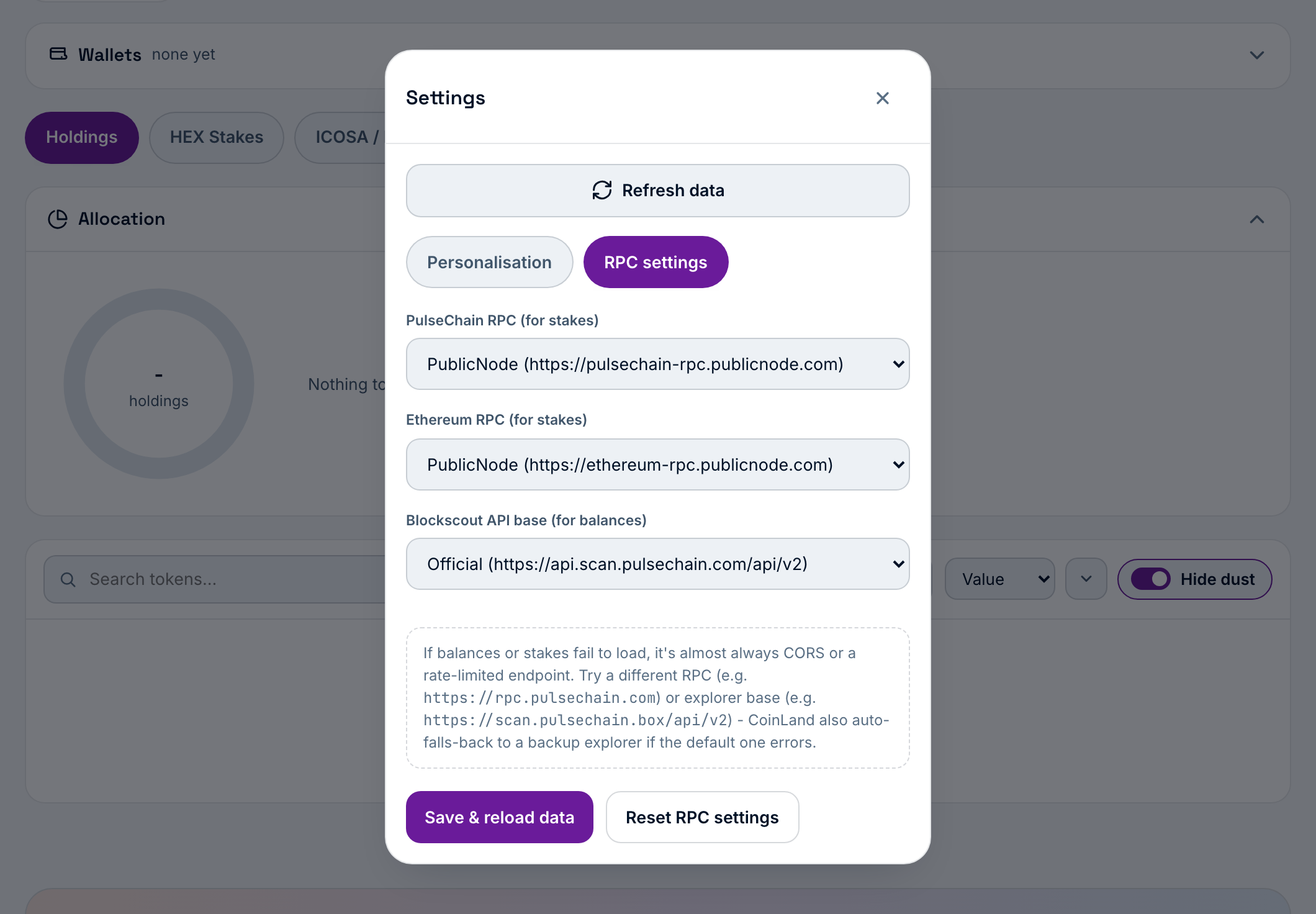 Choose a PulseChain or Ethereum RPC endpoint from the dropdown, or set your own custom RPC, under Settings -> RPC settings