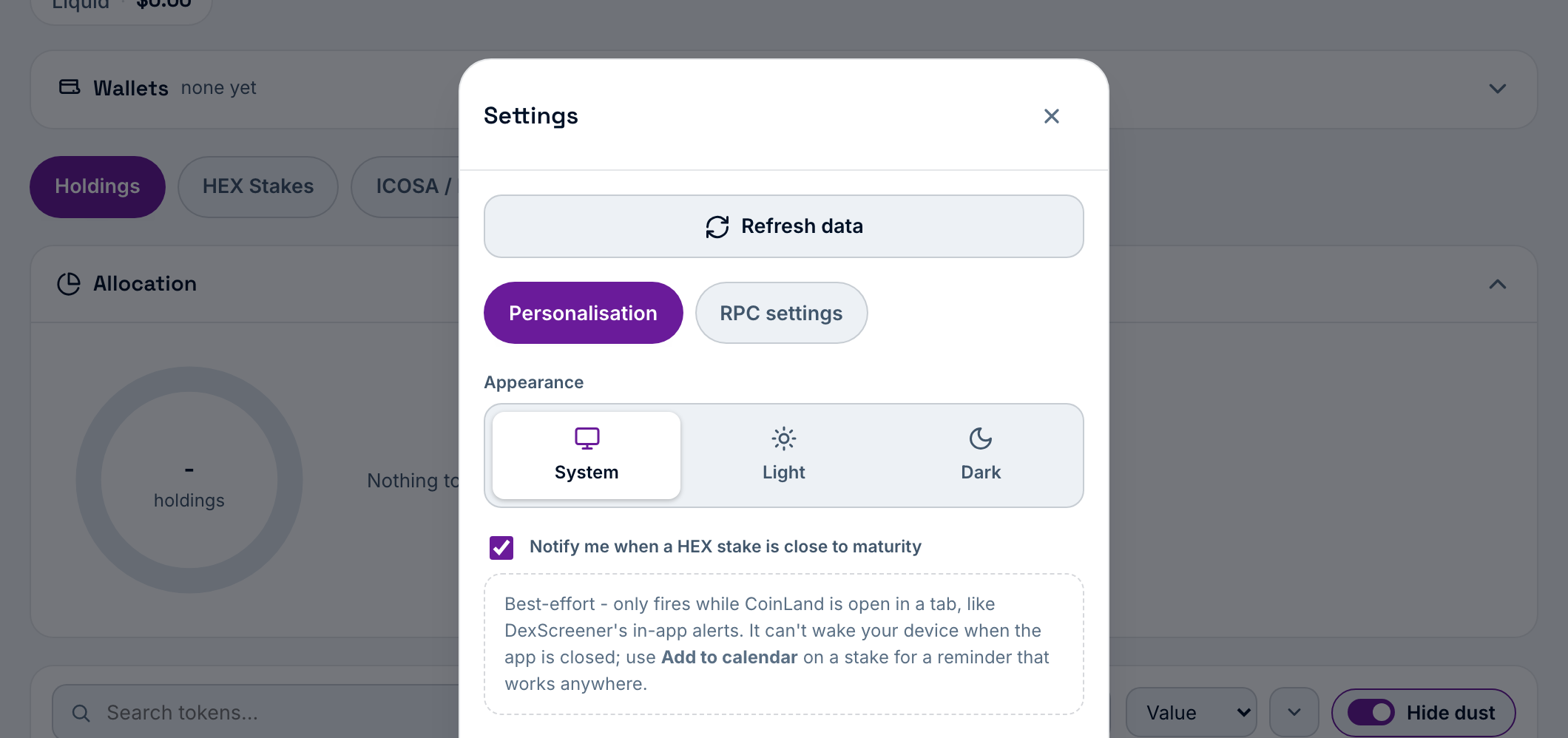 Turn on HEX stake maturity notifications under Settings -> Personalisation, and add a stake to your calendar