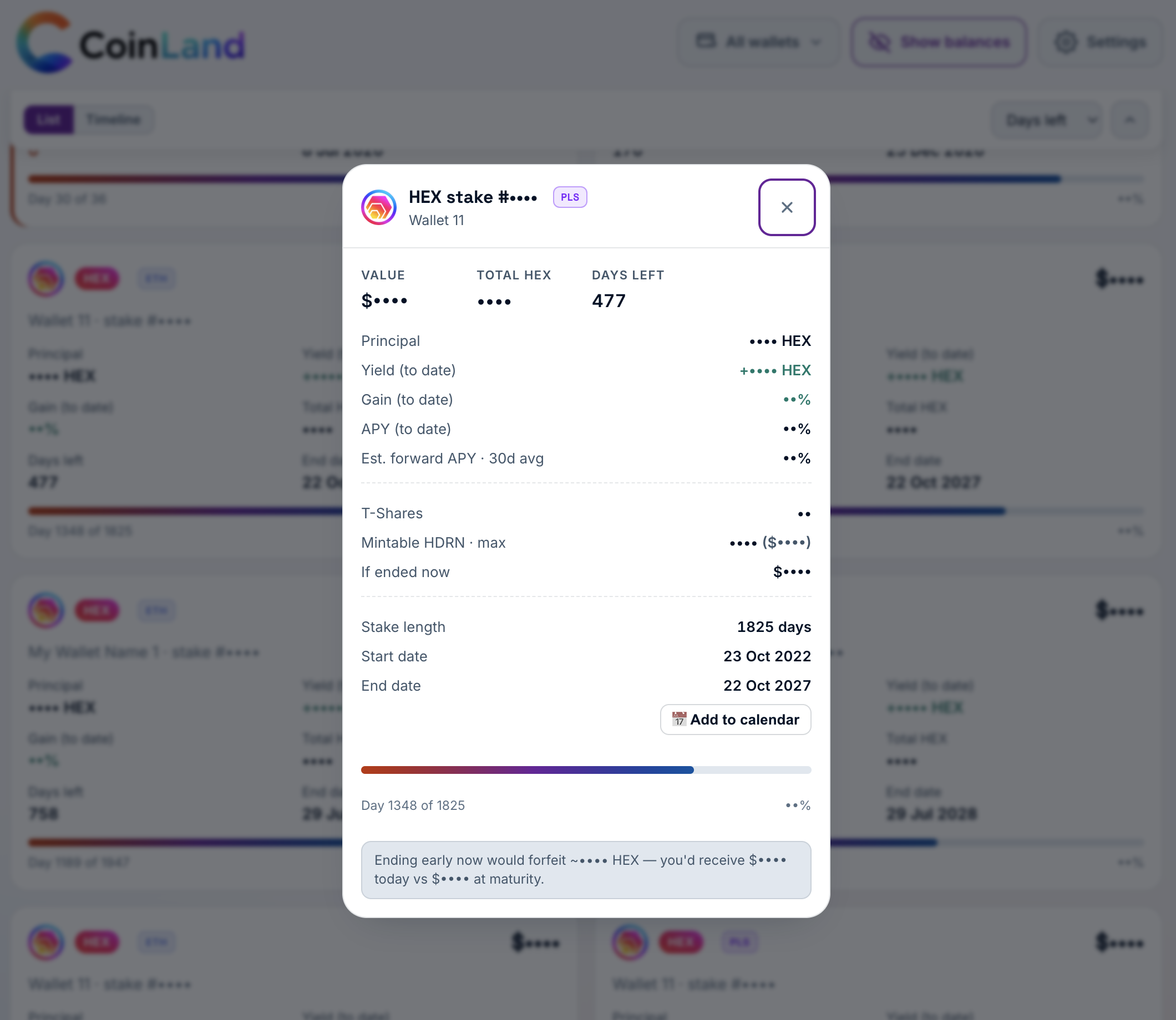 HEX stake detail shows a forward ROI estimate, and farm cards show annualised APR