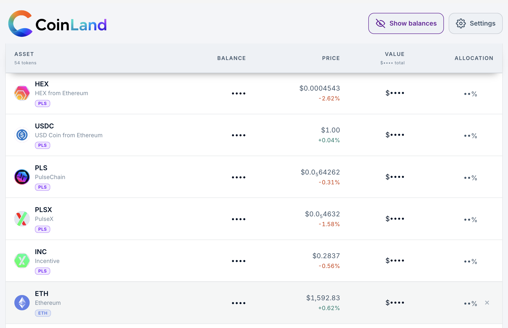 Supported chains Pulsechain and Ethereum including their token balances