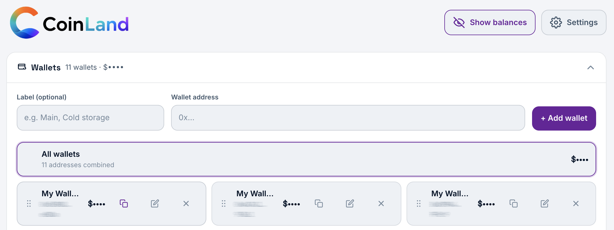 Yes - add as many addresses as you like and CoinLand combines them into one portfolio view