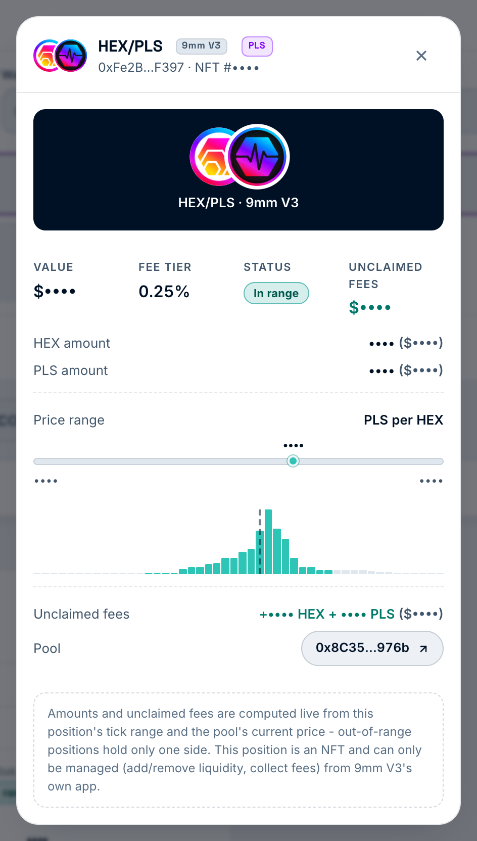 Uniswap V3, 9mm V3 and LibertySwap V3 liquidity positions show price range and a liquidity histogram