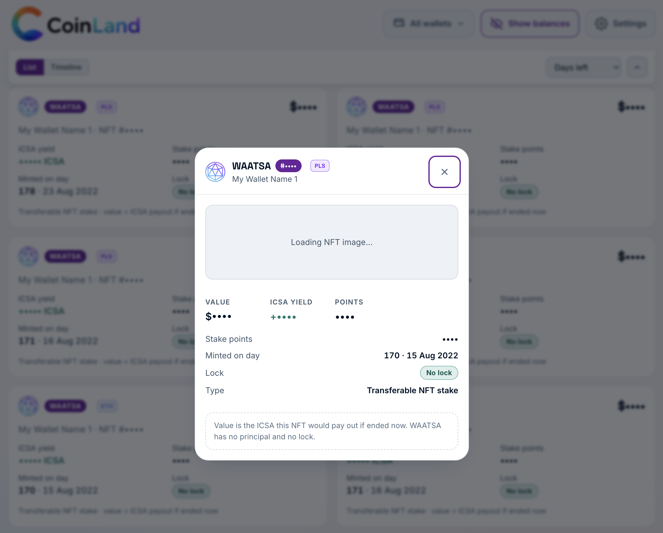 WAATSA stake detail shows the NFT image, accrued yield, points, and start date